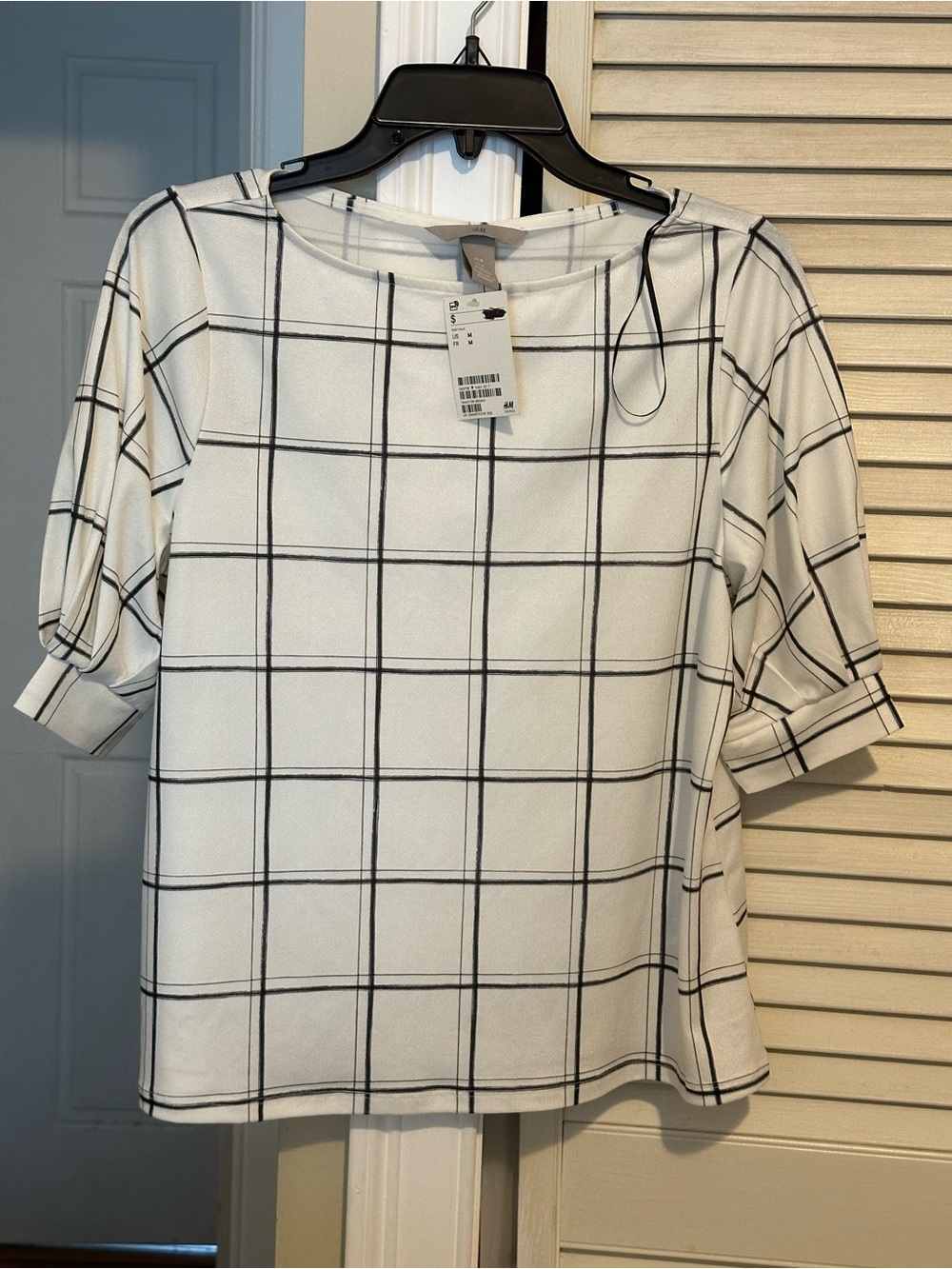 H&M White Blouse with Black Windowpane Grid